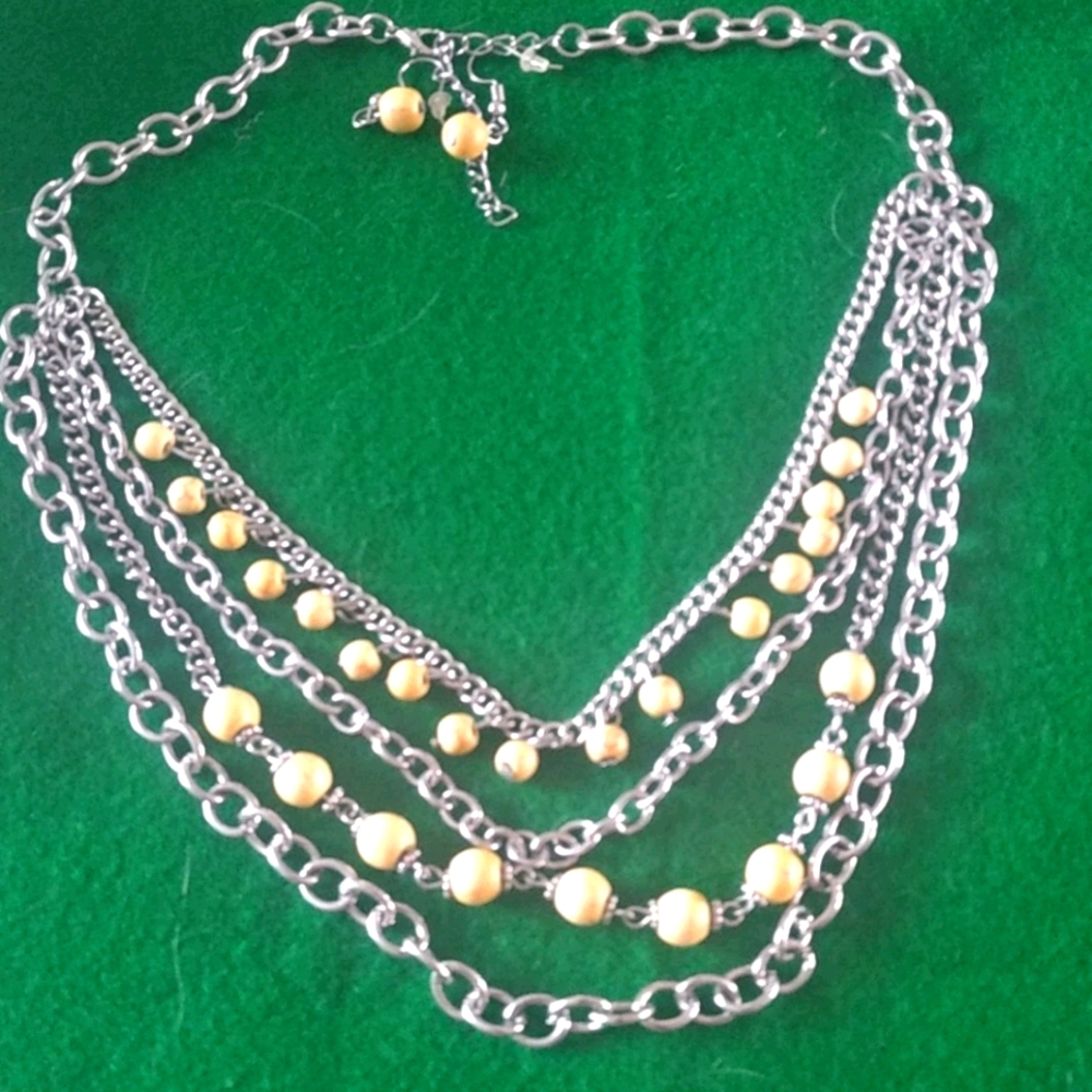 Multi layer yellow/silver necklace & earrings